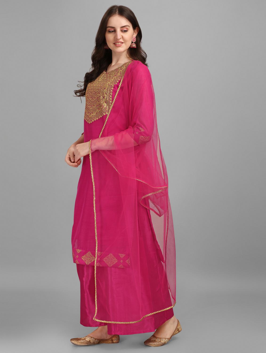 women pink notch neck kurta palazzo set with dupatta - 20353672 - Standard Image - 1
