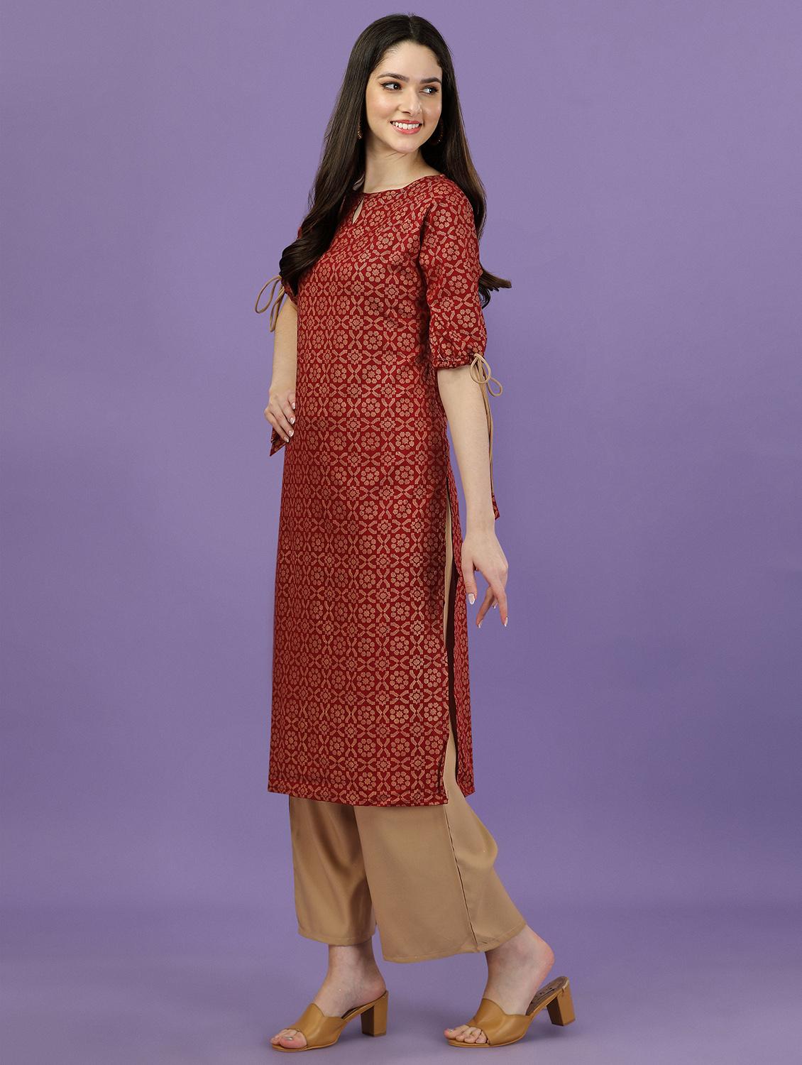 women red key hole neck kurta palazzo set - 20353679 - Standard Image - 1