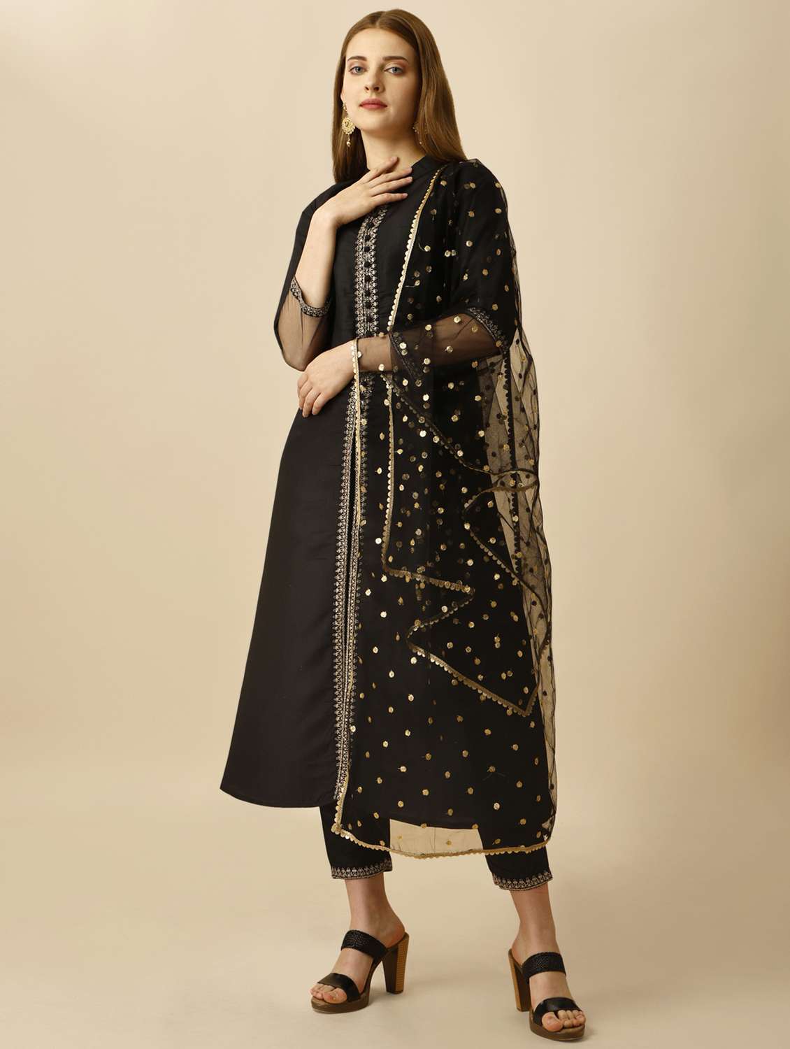 women black mandarin neck kurta pant set with dupatta - 20353697 - Standard Image - 1