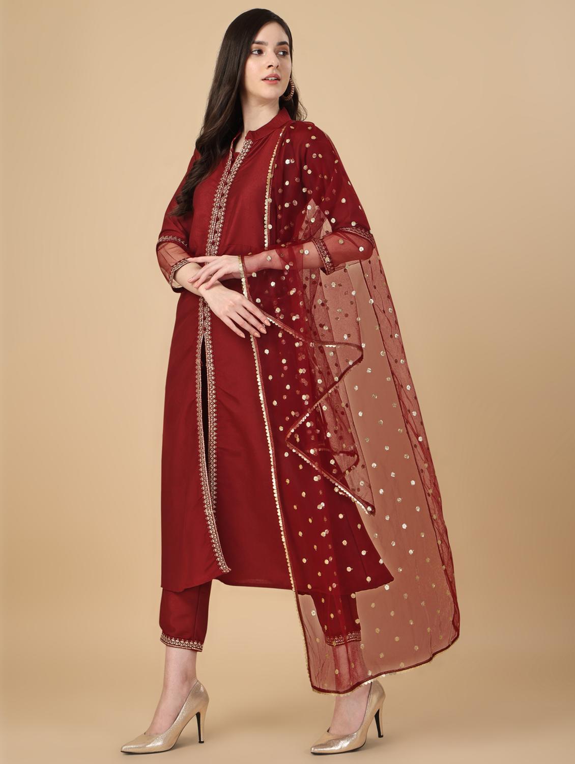 maroon three quarter sleeve suit set - 20353698 -  Standard Image - 1