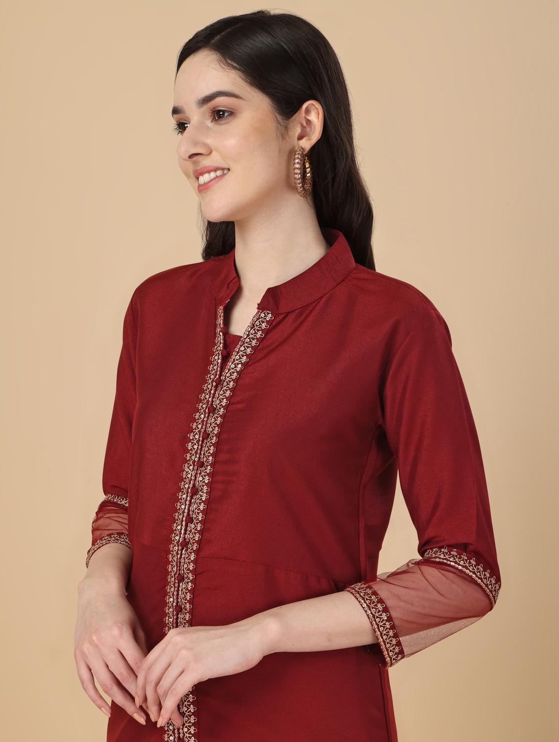 maroon three quarter sleeve suit set - 20353698 - Standard Image - 4