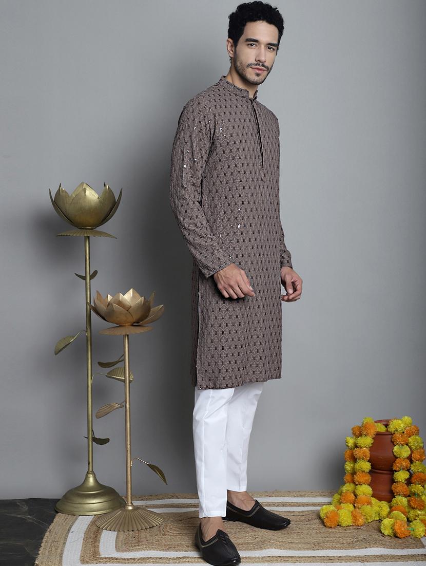 men brown sequin embroidered viscose kurta pyjama ethnic wear set - 20353851 - Standard Image - 1
