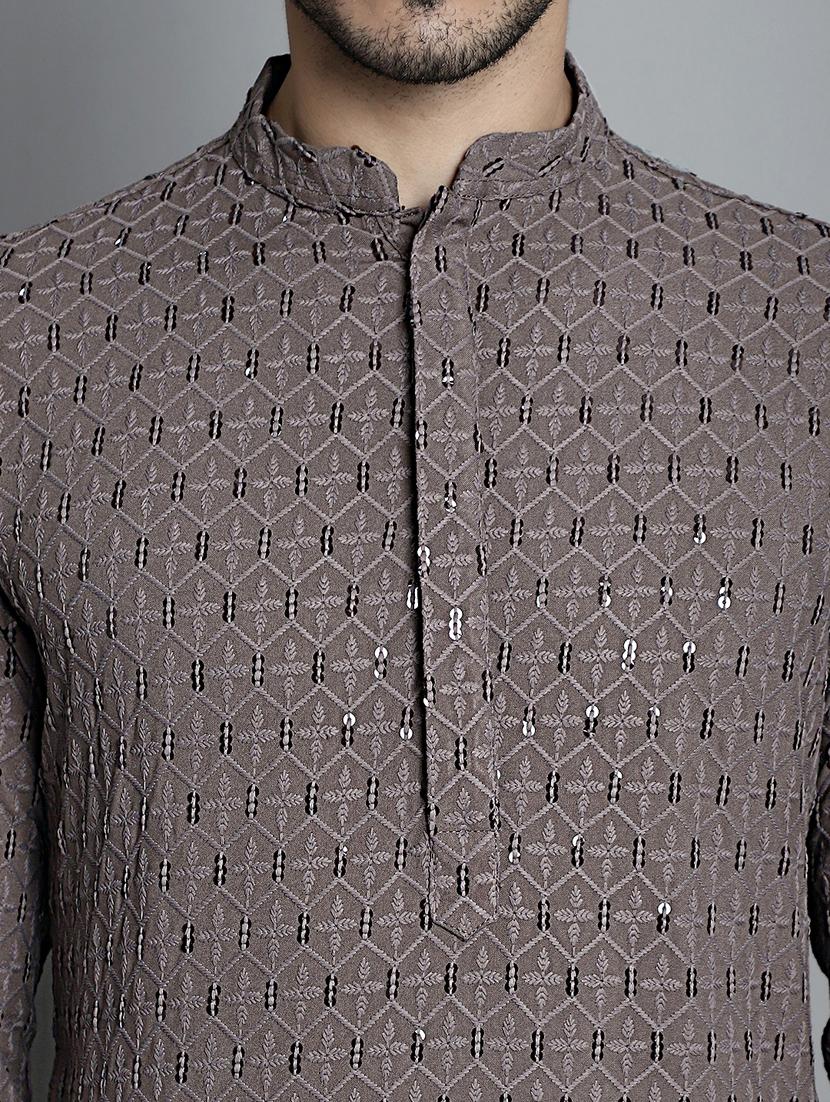 men brown sequin embroidered viscose kurta pyjama ethnic wear set - 20353851 - Standard Image - 4