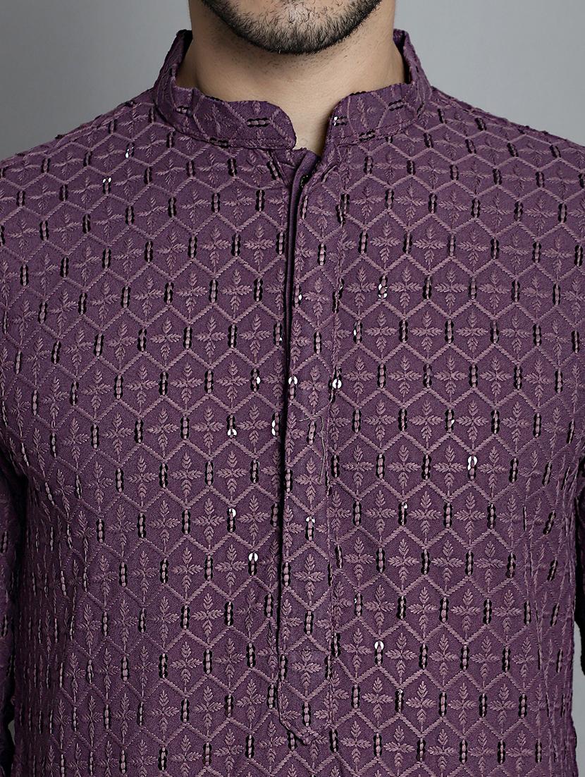 men purple sequin embroidered viscose kurta pyjama ethnic wear set - 20353852 - Standard Image - 4