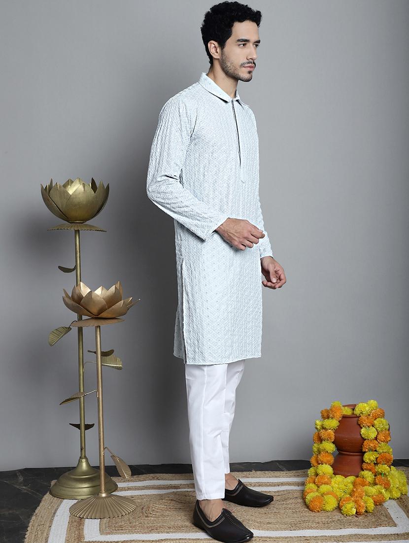 men light blue embroidered viscose kurta pyjama ethnic wear set - 20353854 - Standard Image - 1