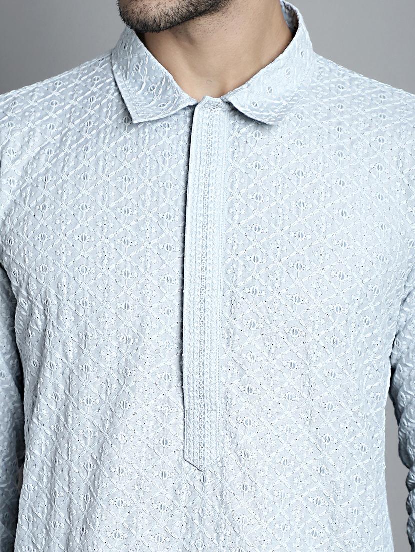 men light blue embroidered viscose kurta pyjama ethnic wear set - 20353854 - Standard Image - 4