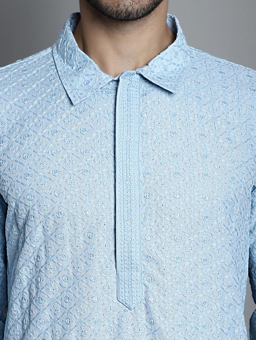 men light blue embroidered viscose kurta pyjama ethnic wear set - 20353856 - Standard Image - 4