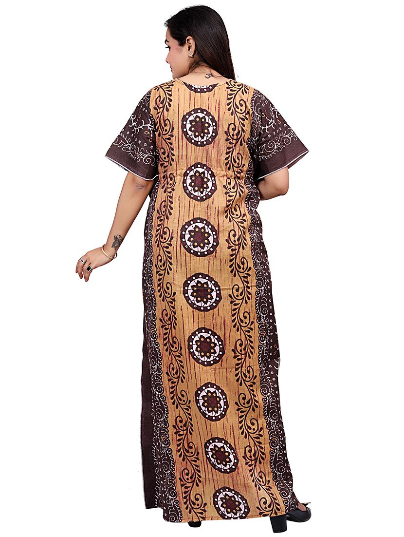 beige printed v neck kaftan nighty - 20354573 -  Standard Image - 1