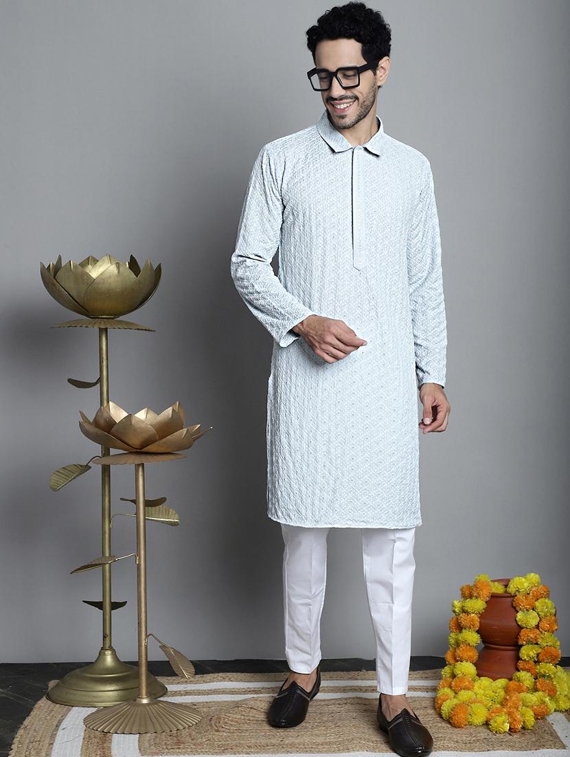 men white embroidered viscose long kurta - 20354929 - Standard Image - 1