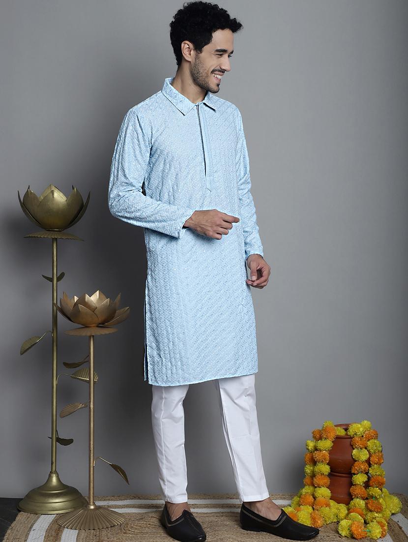 men light blue embroidered viscose long kurta - 20354931 - Standard Image - 1