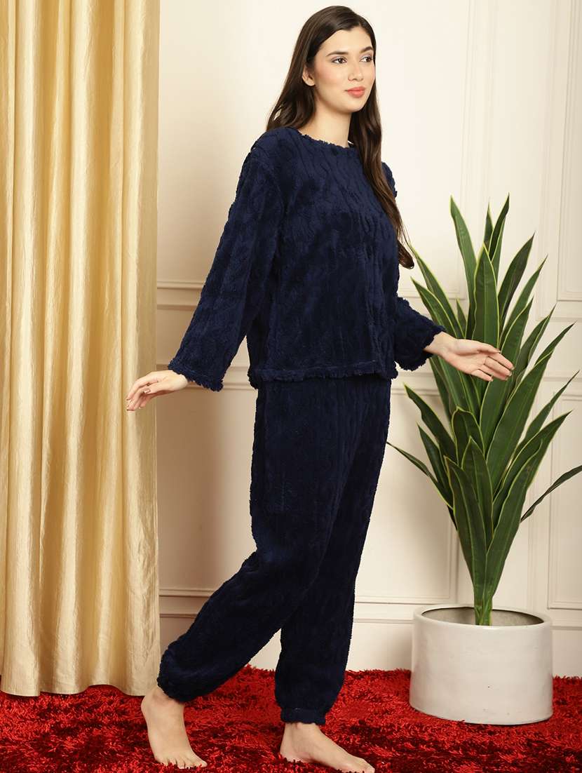 navy blue self design pyjama nightwear set - 20355153 -  Standard Image - 1