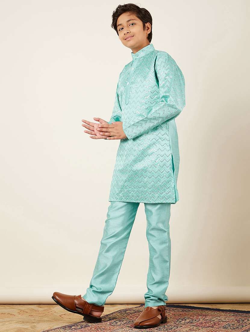 light blue self designed mandarin neck kurta set - 20359584 -  Standard Image - 1