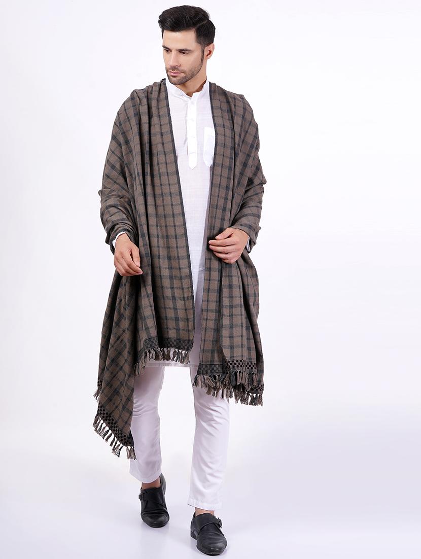 men brown checkered wool jamavar shawl - 20359872 - Standard Image - 1