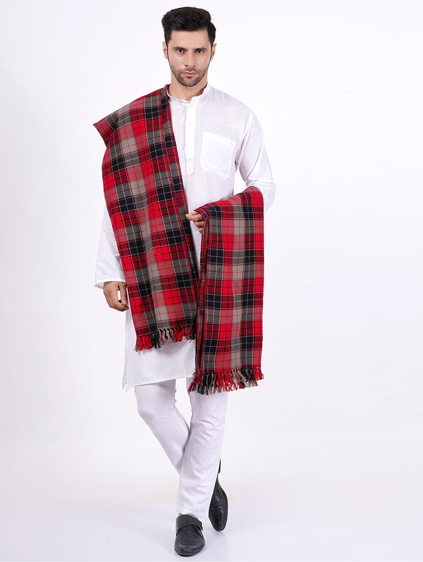 men red checkered wool jamavar shawl - 20359890 - Standard Image - 1