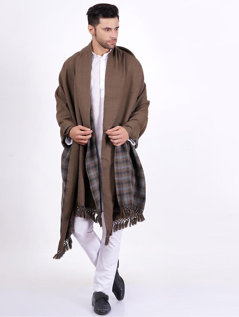 men brown checkered wool reversible shawl - 20359891 - Standard Image - 1