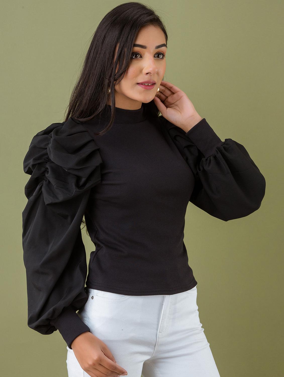 black solid puff sleeves regular top - 20359992 - Standard Image - 1