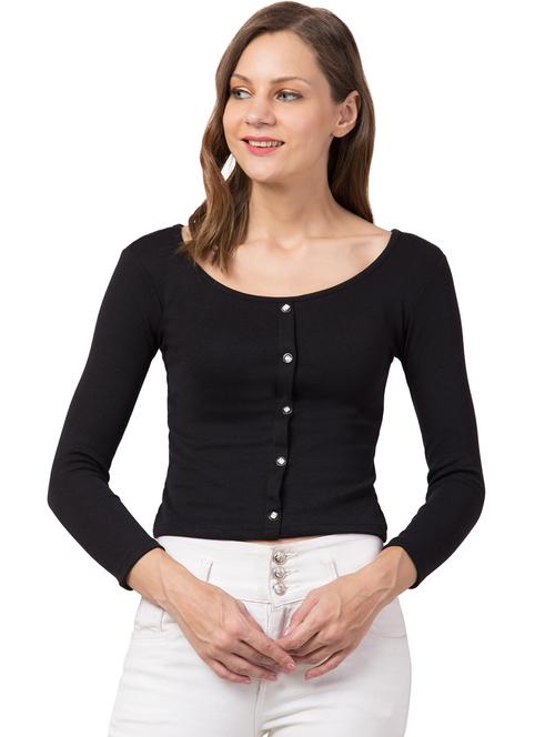 black solid long sleeves regular top - 20360023 - Standard Image - 0