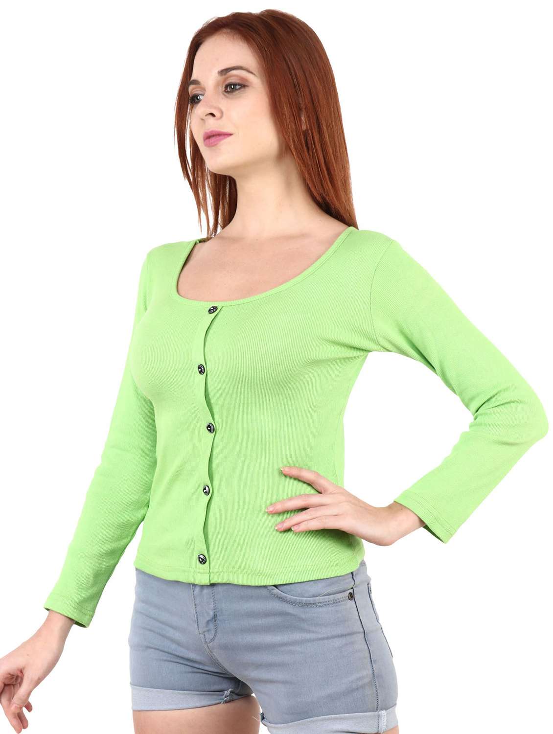 green solid long sleeves regular top - 20360025 -  Standard Image - 1