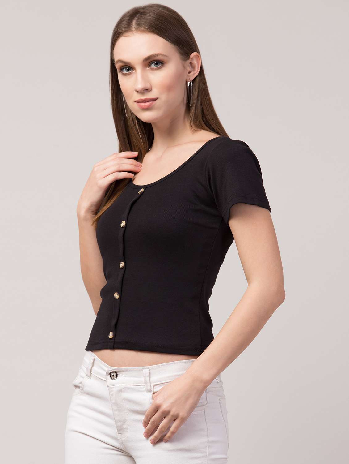 black solid short sleeves regular top - 20360031 - Standard Image - 1