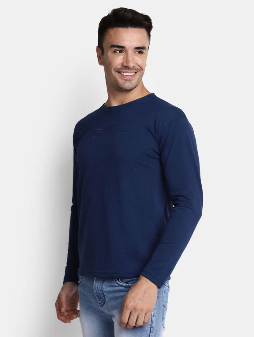 men navy blue solid long sleeves cotton regular t-shirt - 20361494 -  Standard Image - 1