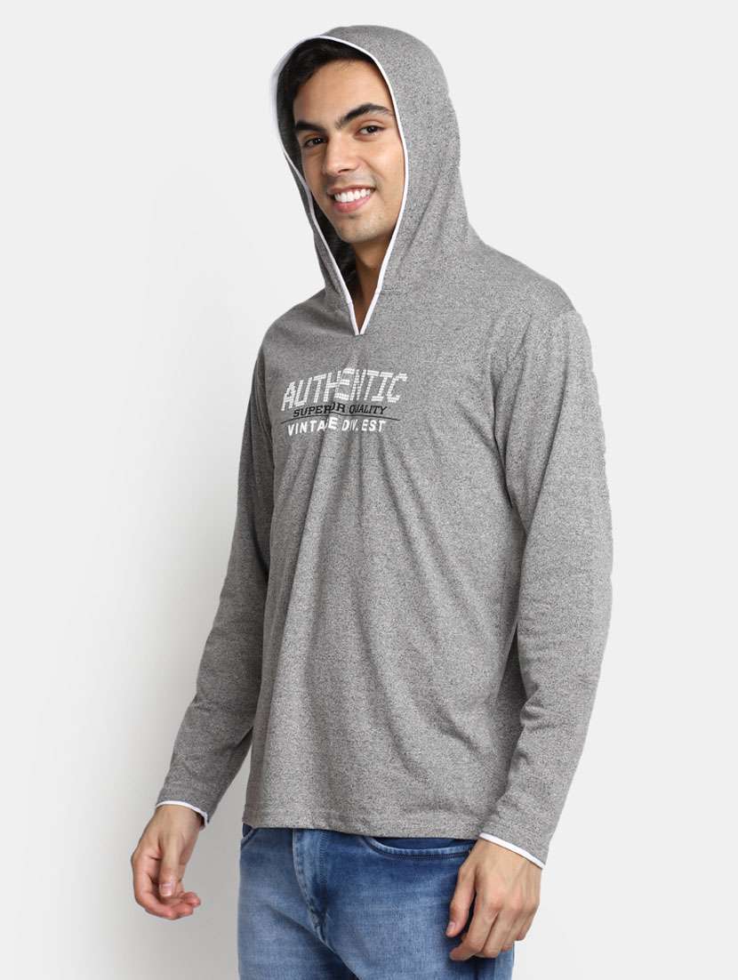 grey typography cotton hooded t-shirt - 20361530 -  Standard Image - 1