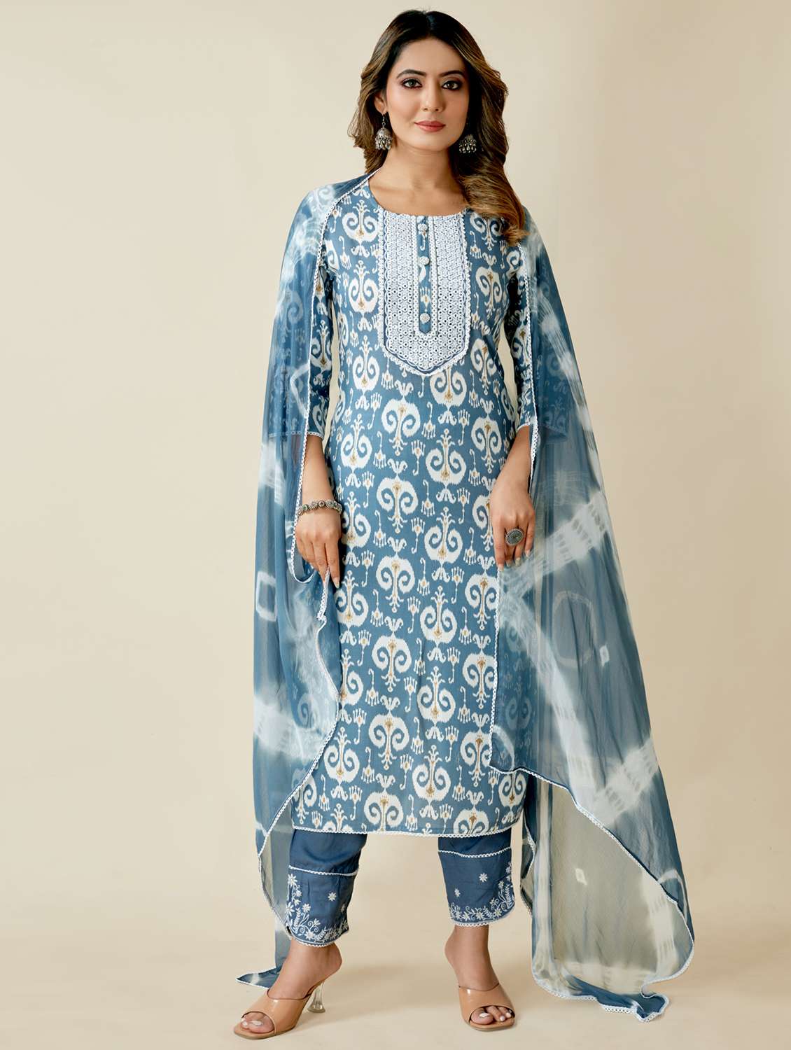 women ikat printed kurta pant set with dupatta - 20362206 - Zoom Image - 0