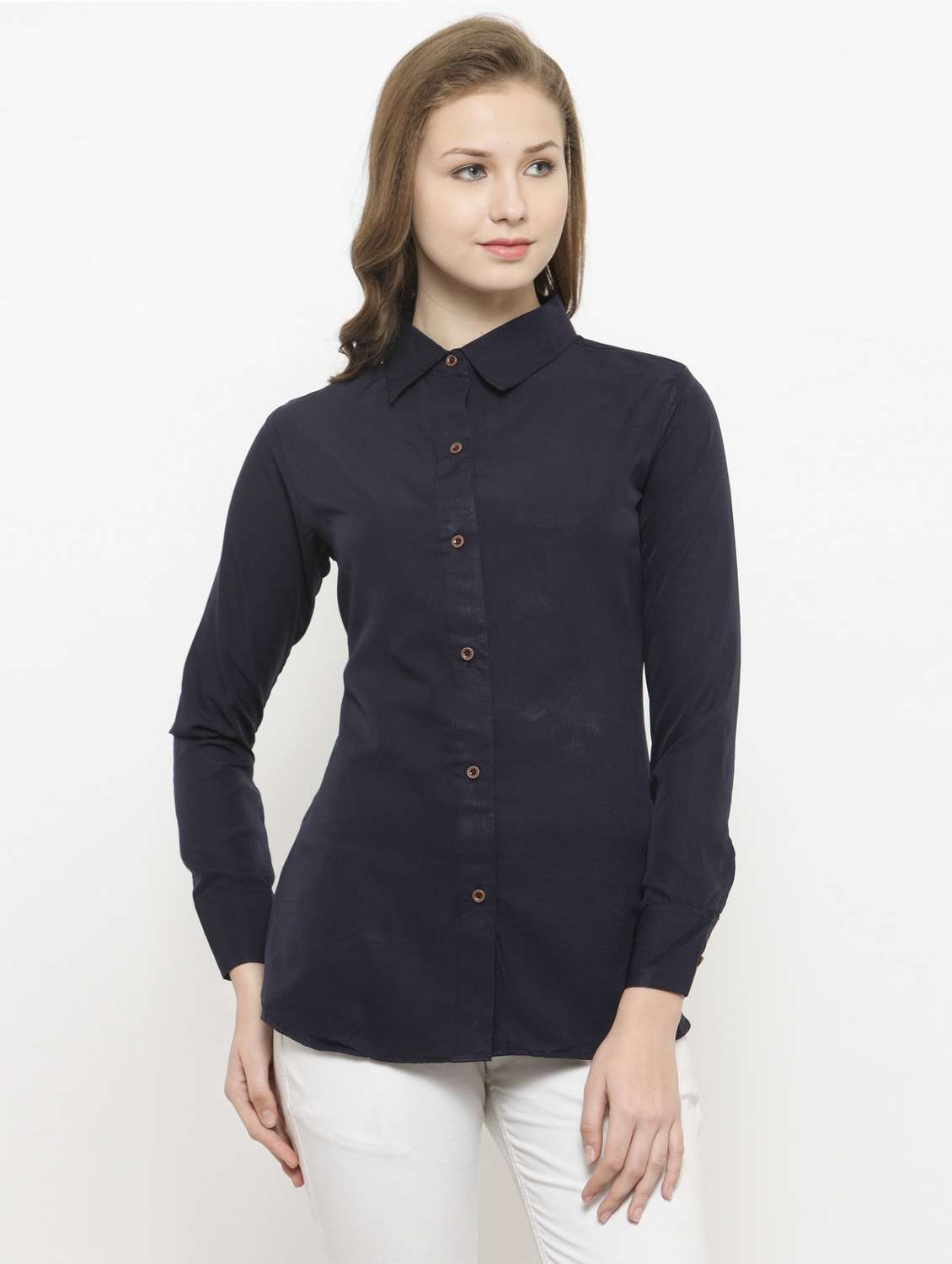 women navy blue crepe regular shirt