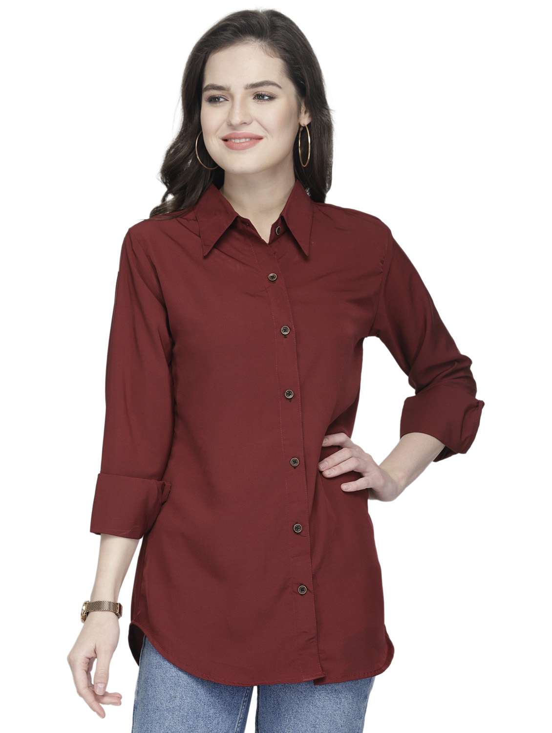 women maroon crepe regular shirt