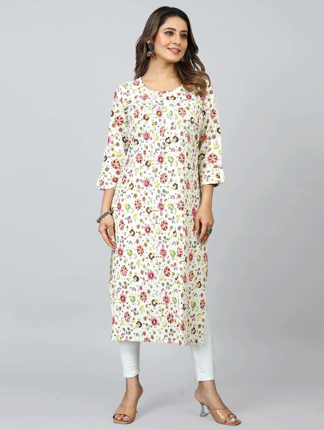 multi colored three quarter sleeve straight kurta - 20362773 -  Zoom Image - 0