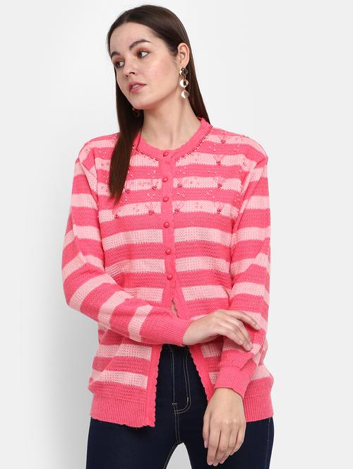 women's striped pink cotton wool cardigan - 20362836 - Standard Image - 0