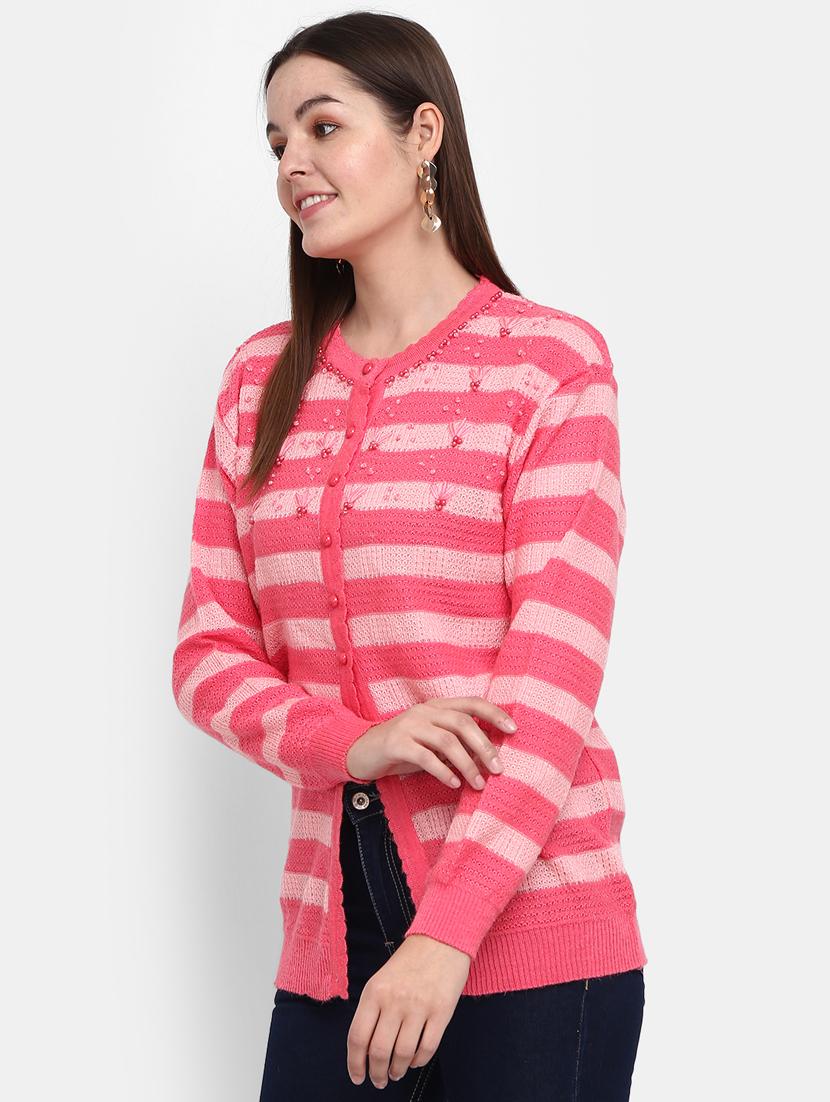 women's striped pink cotton wool cardigan - 20362836 -  Standard Image - 1