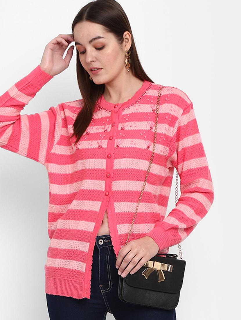 women's striped pink cotton wool cardigan - 20362836 - Standard Image - 4