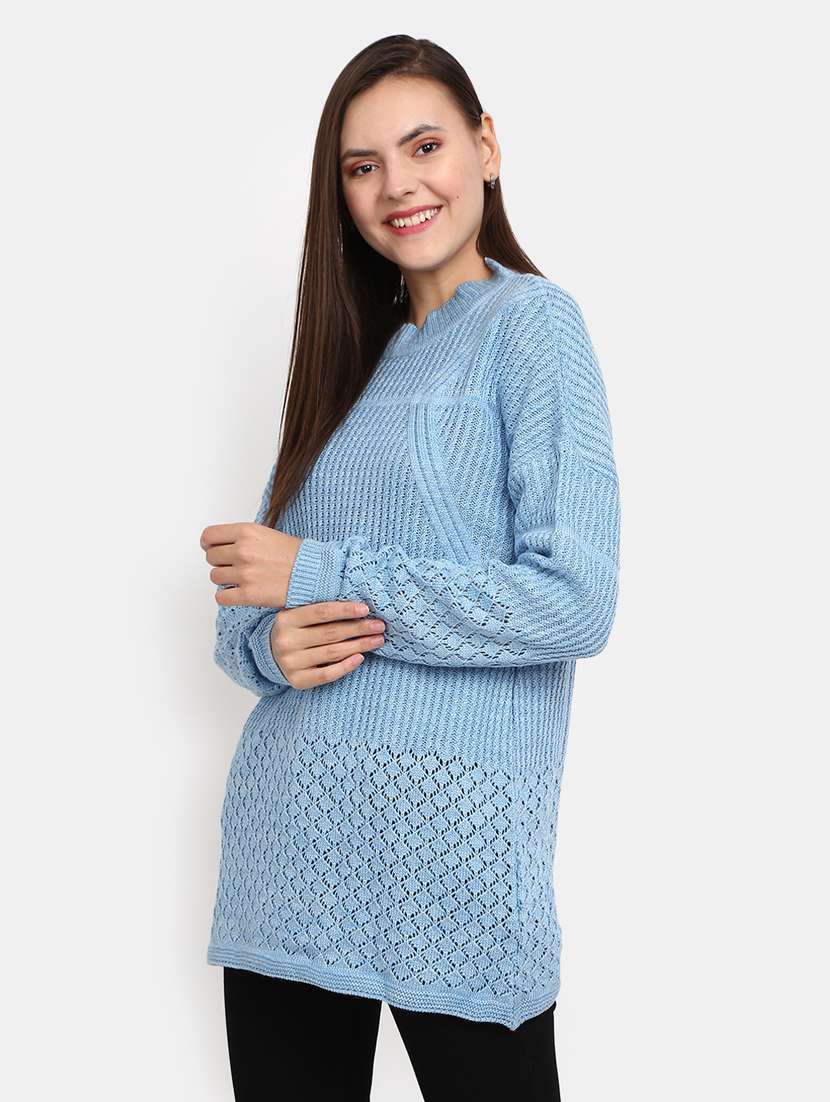 women's light blue cotton wool pullover - 20362866 - Standard Image - 1