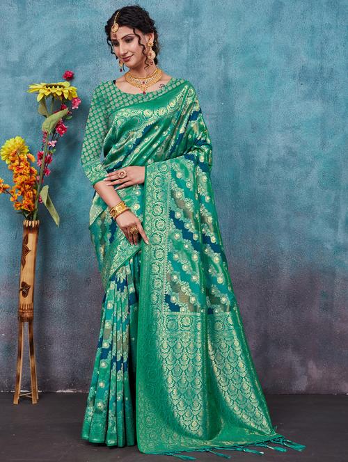 turquoise colored banarasi saree with blouse - 20363376 - Standard Image - 0