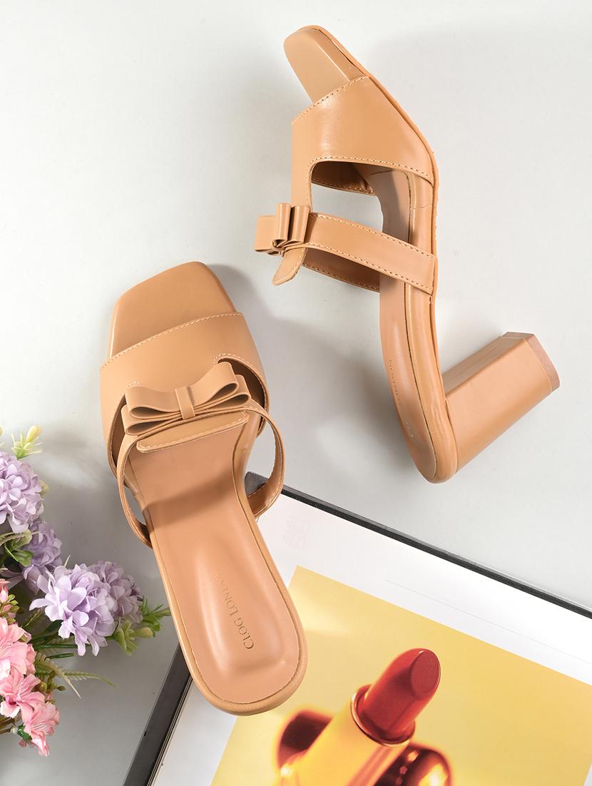 tan synthetic slip on sandals