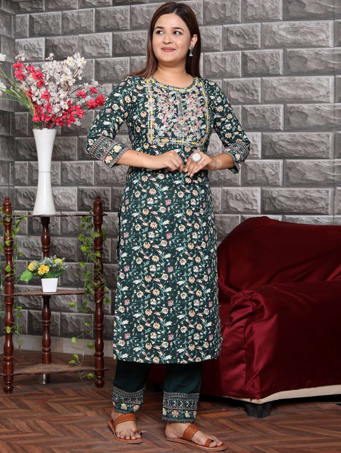 bottle green colored kurta pant set - 20363930 -  Standard Image - 1