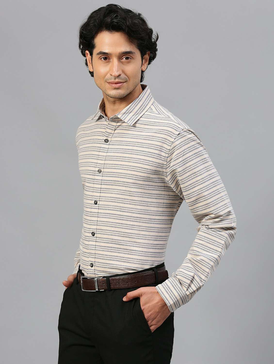beige horizontal striped long sleeves formal shirt - 20365296 -  Standard Image - 1