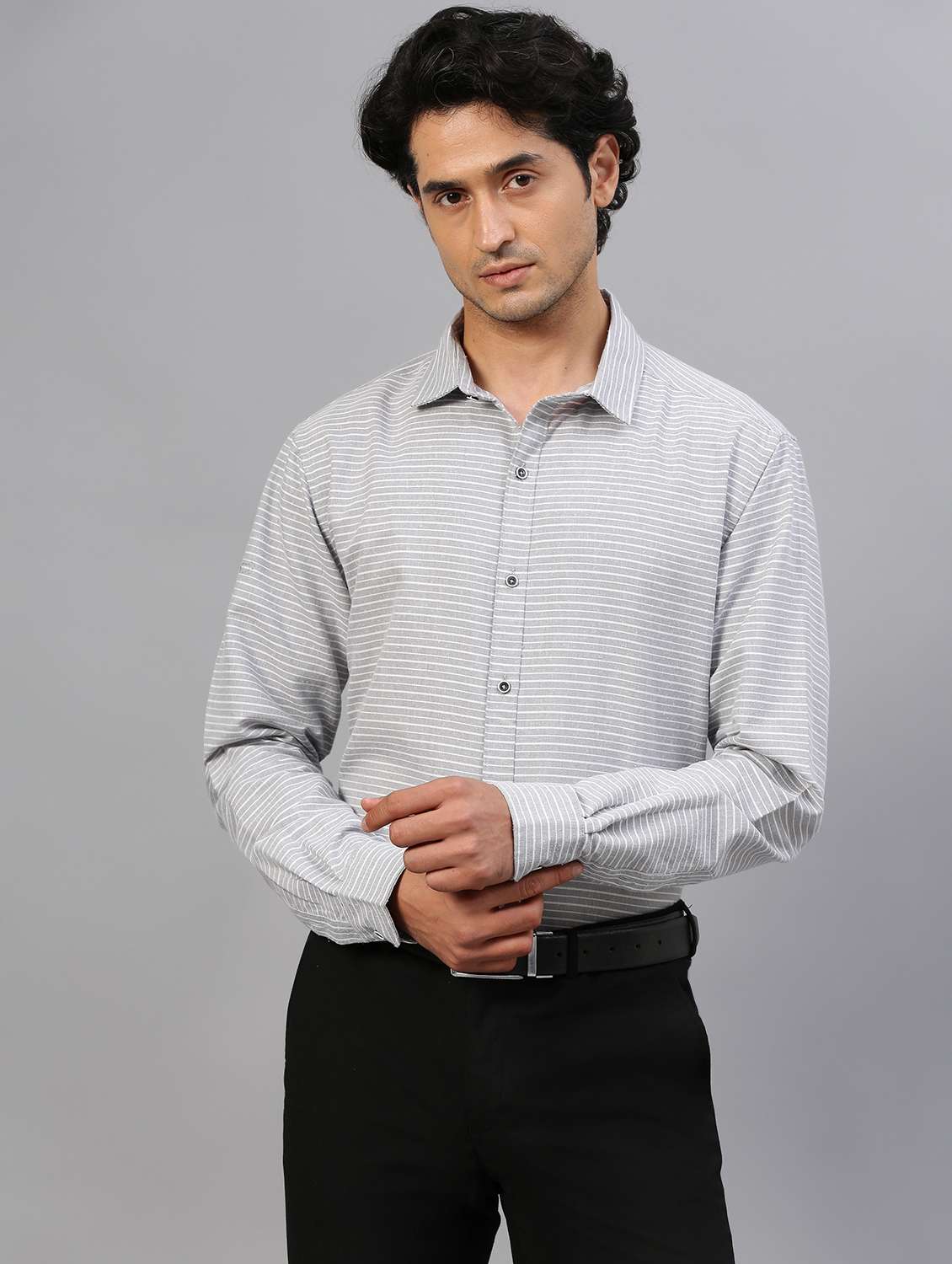 grey horizontal striped long sleeves formal shirt - 20365299 -  Standard Image - 1