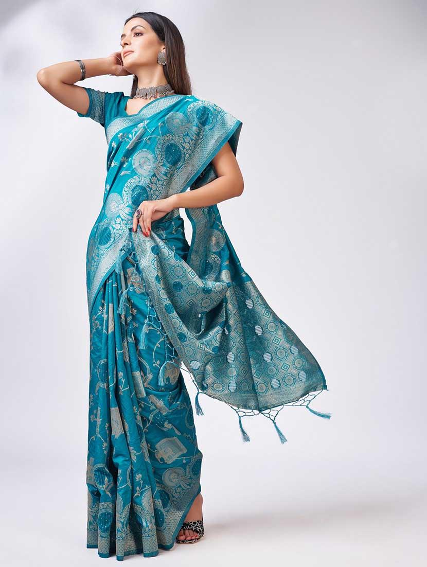 turquoise colored banarasi saree with blouse - 20367467 - Standard Image - 1