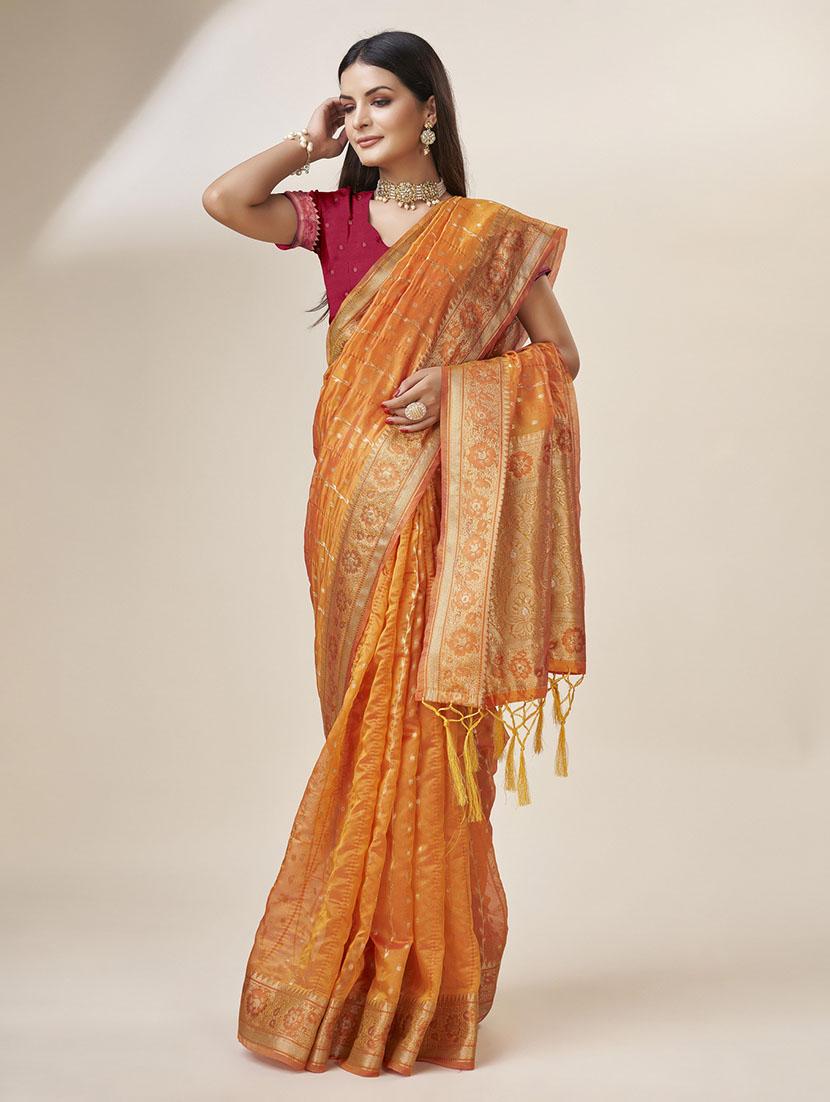 orange colored bordered  saree - 20367488 -  Standard Image - 1