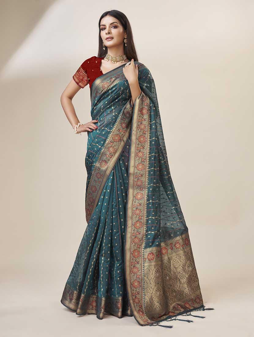 teal colored bordered saree - 20367493 - Standard Image - 1