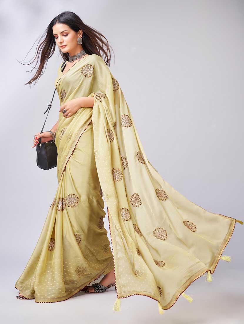 beige colored embellished  saree with blouse - 20367505 -  Standard Image - 1