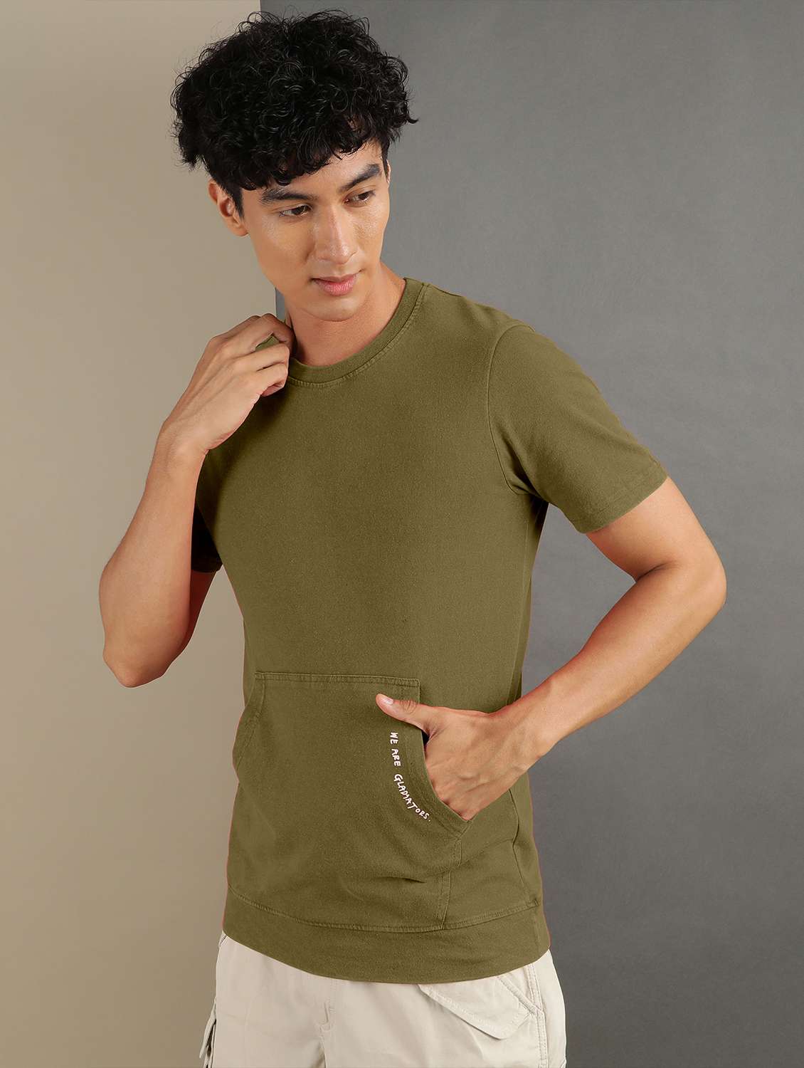 men olive round neck cotton blend regular t-shirt - 20367750 -  Standard Image - 1