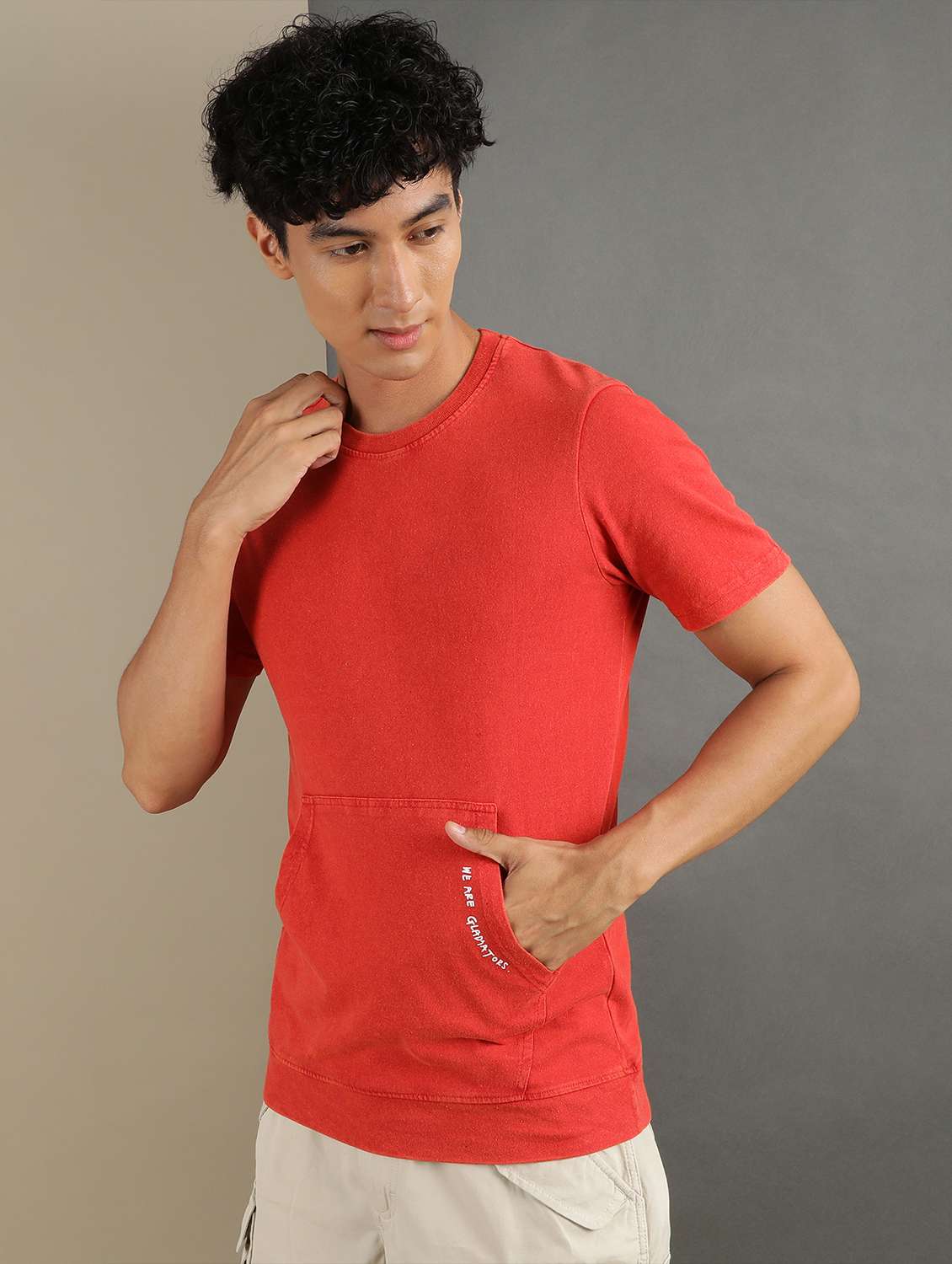 men orange round neck cotton blend regular t-shirt - 20367751 -  Standard Image - 1