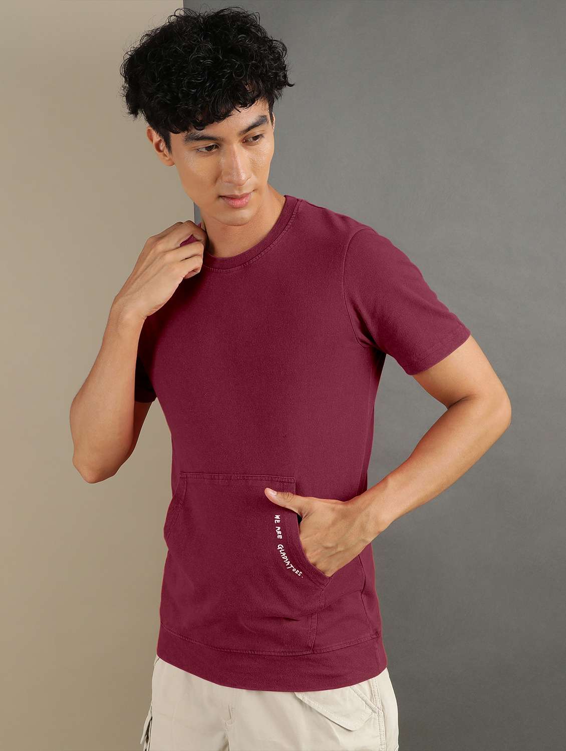 men burgundy round neck cotton blend regular t-shirt - 20367752 -  Standard Image - 1