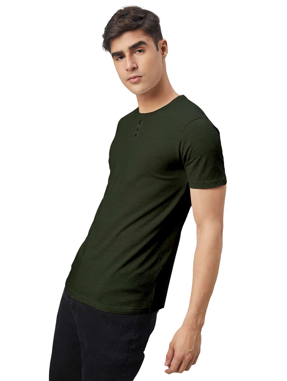 olive solid round neck t-shirt - 20367757 -  Standard Image - 1