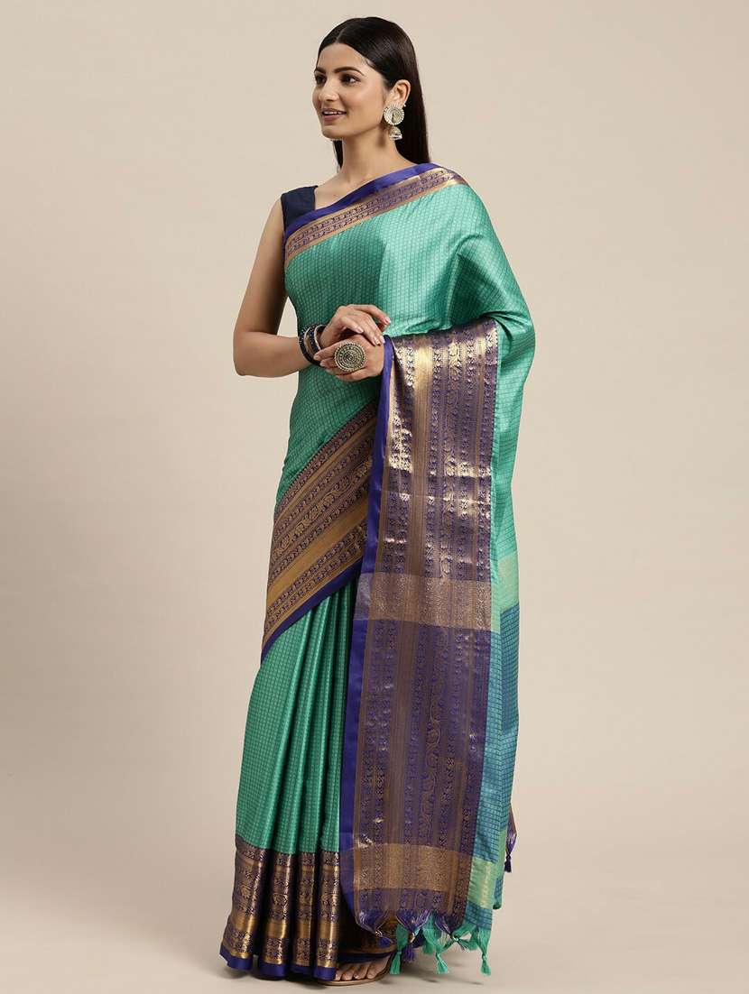 turquoise self design kanjivaram saree with blouse - 20369041 -  Standard Image - 1