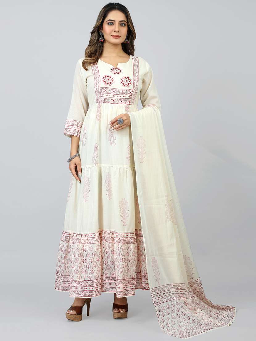women off white round neck kurta dupatta set