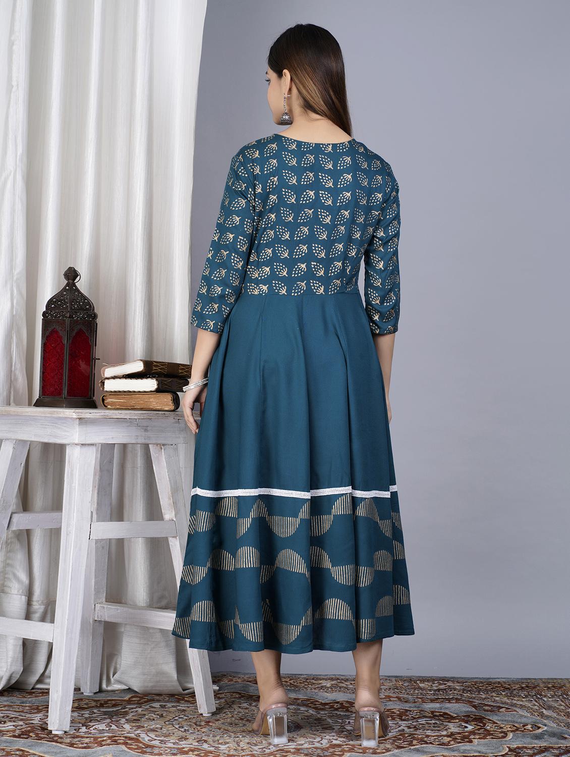 teal colored a-line kurta - 20369328 - Standard Image - 4