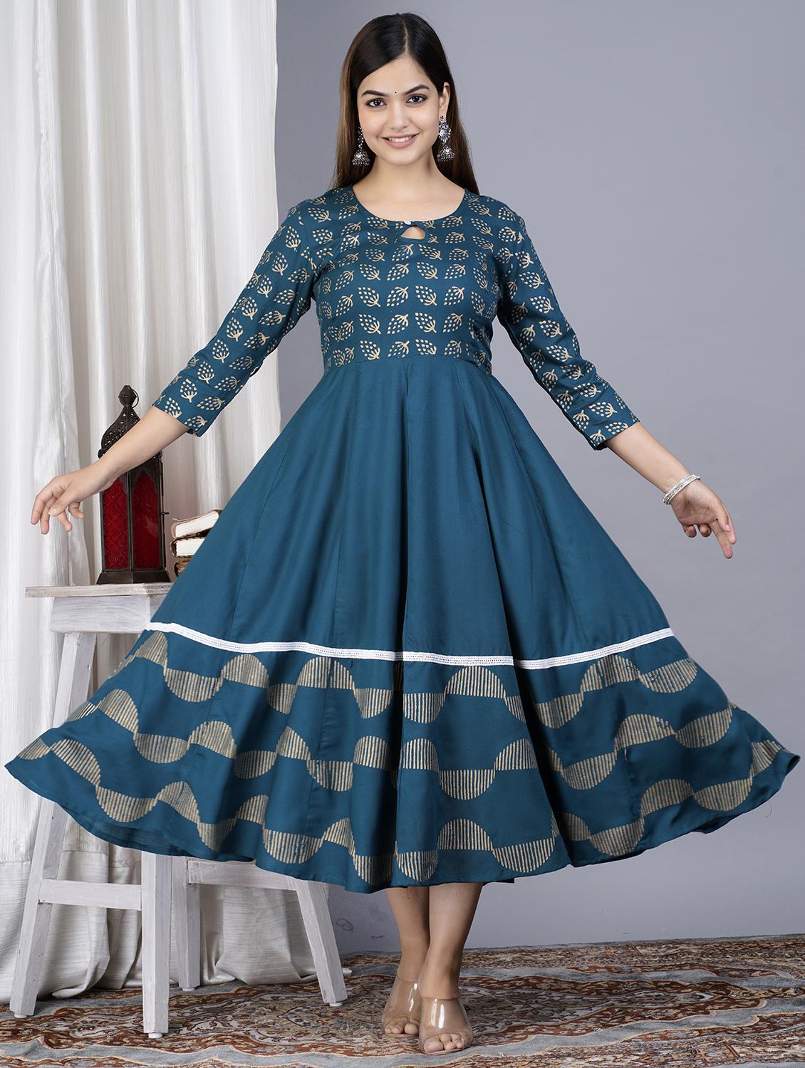 teal colored a-line kurta - 20369329 - Standard Image - 1